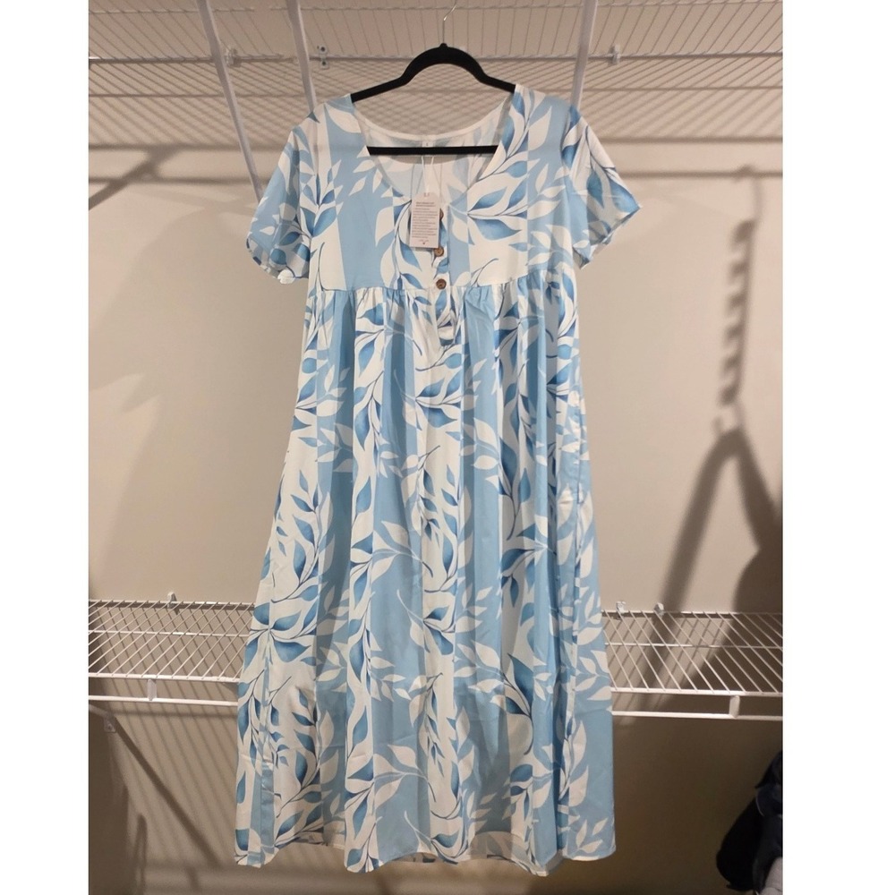 Women's Large Maxi Dress Casual Blue White Leaf Print Button Front New
